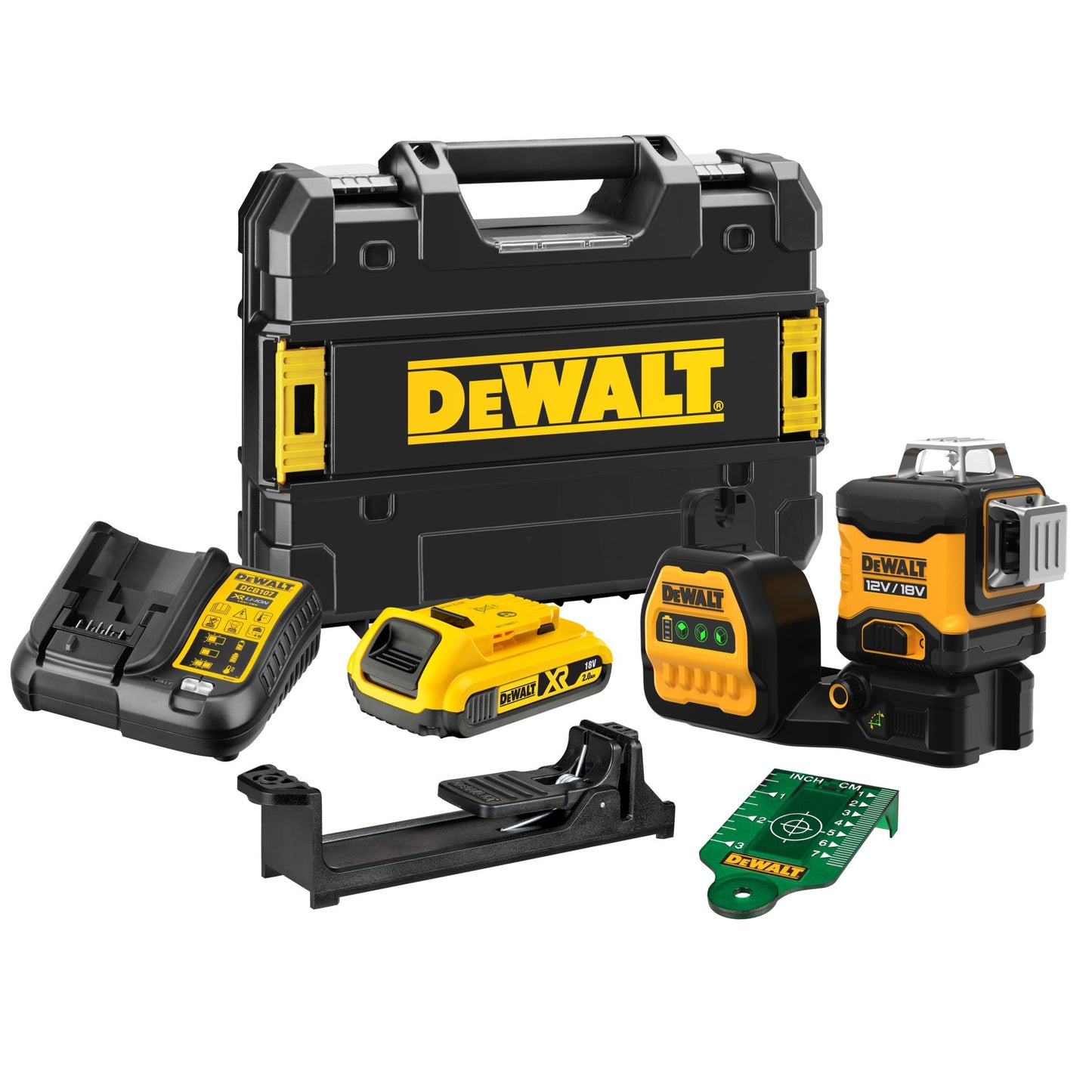 DeWalt DCE089D1G18-QW 18 V / 12 V XR 3×360° Zöld Akkumulátoros Többvonalas Lézer – 1×2,0 Ah Akkumulátorral