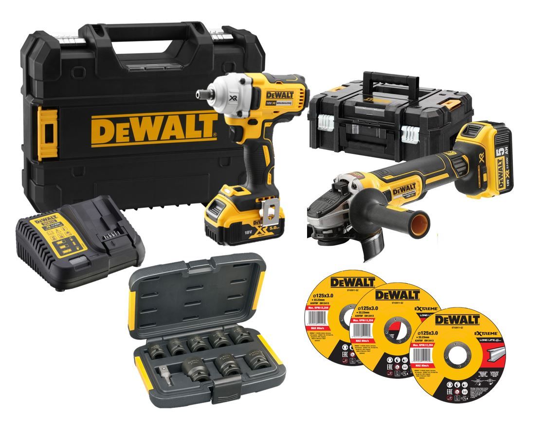 DeWalt DCG405P2SET 18 V XR Akkus Sarokcsiszoló és Ütvecsavarozó Készlet